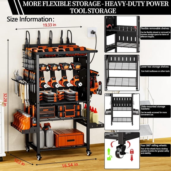 All-Metal Heavy-Duty Power Tool Organizer with Charging Station 8 AC Outlet 5 Layers + 5 Side Hooks Integrated Design for Garage Workshop