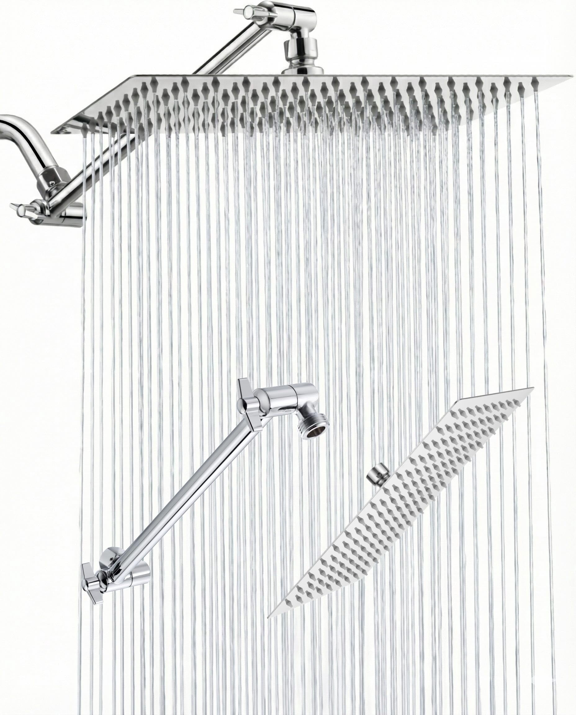 All Metal Rain Fixed Shower Head  12 * 8'' High Rainfall Rectangle Showerhead With 11" Extension Arm Waterfall Showerheads Chrome