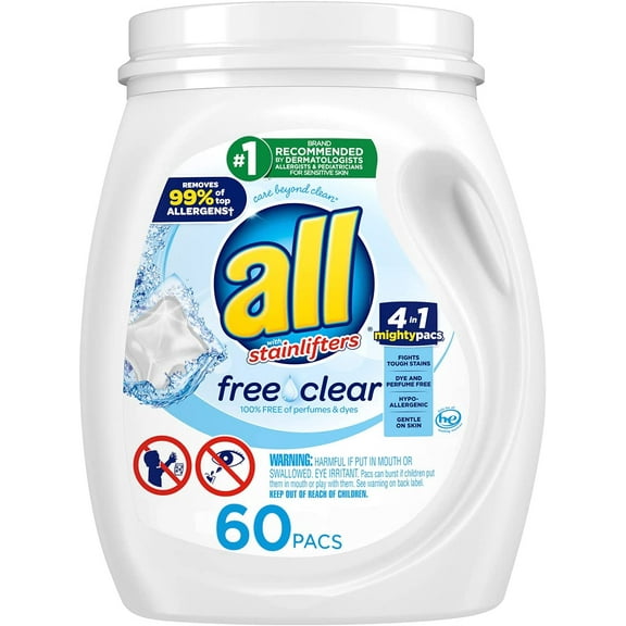 All Mighty Pacs Laundry Detergent, Free Clear for Sensitive Skin, Tub, 60 Count