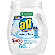 All Mighty Pacs Laundry Detergent, Free Clear for Sensitive Skin, Tub, 60 Count