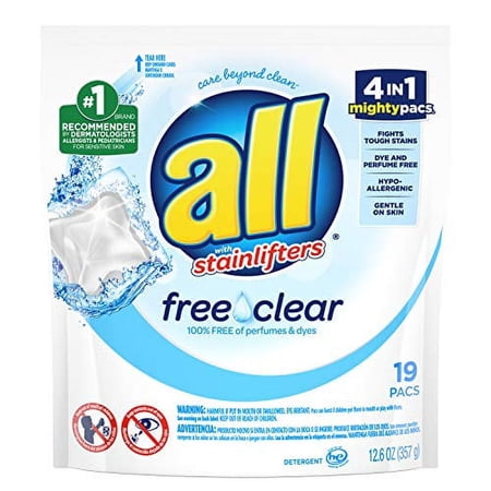 All Mighty Pacs Laundry Detergent, Free Clear For Sensitive Skin Pouch, 19 Count, 6 Pack