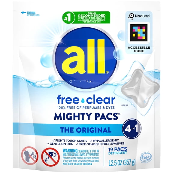 All Mighty Pacs Laundry Detergent, Free Clear For Sensitive Skin Pouch, 19 Count