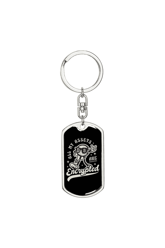 All My Assets Are Encrypted Crypto Stainless Steel or 18k Gold Premium Swivel Dog Tag Keychain