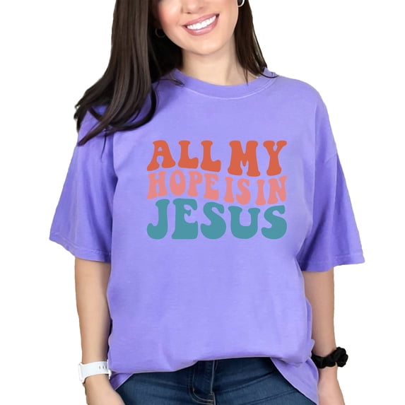 All My Hope Is in Jesus, Hopeful Christian Quote, Groovy Retro Wavy Text, Violet Comfort Colors T-Shirt, 3XL