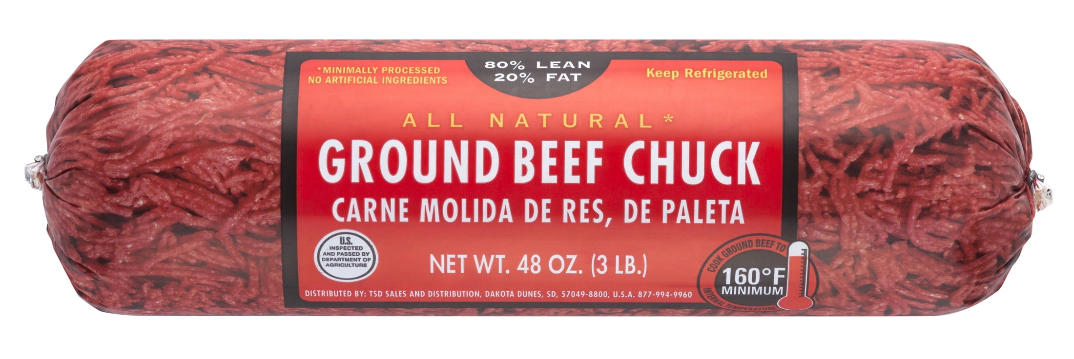All Natural* 80 Lean/20 Fat Ground Beef Chuck, 3 lb Roll