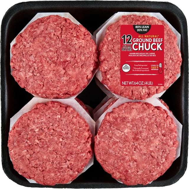 All Natural* 80 Lean/20 Fat Ground Beef Chuck Patties, 12 Count, 4 lb
