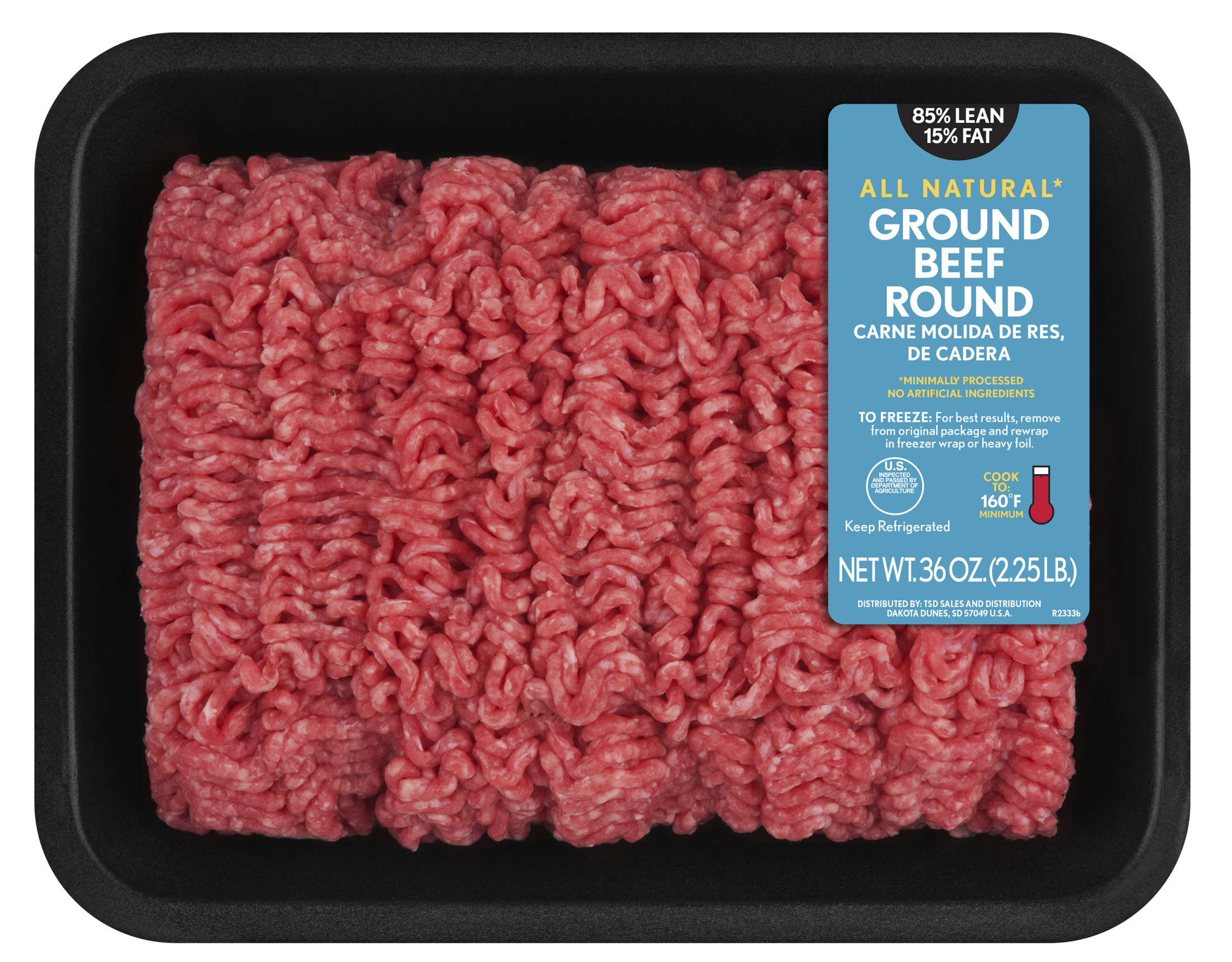 All Natural* 85% Lean/15% Fat Ground Beef Round, 2.25 lb Tray - image 1 of 7