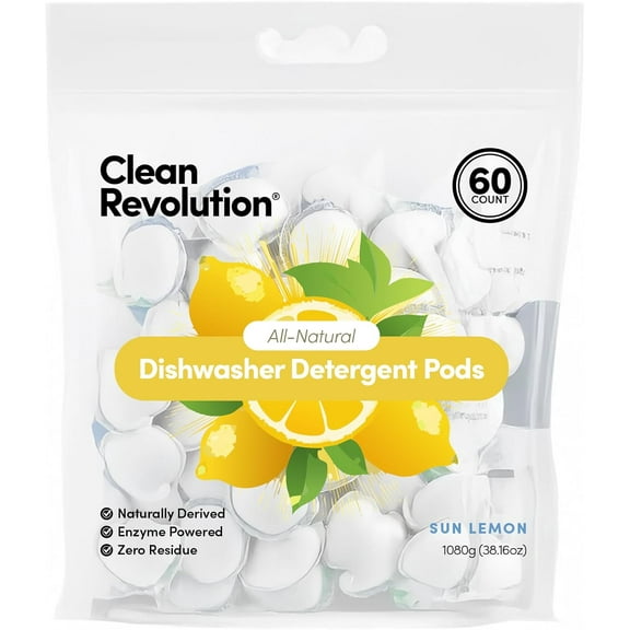 All Natural Dishwasher Detergent Pods, 60 Pods, Enzyme Powered, No Chemical Additives, No Residue - SUN LEMON - Made in USA