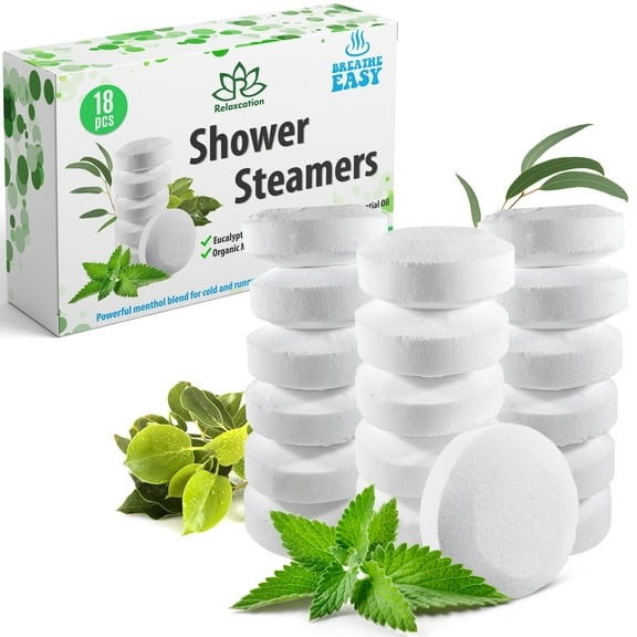 All-Natural Shower Steamers Tablets Extra Strong for Cold and Runny Nose Menthol Crystals, Camphor Crystals, Eucalyptus and Peppermint Essential Oil Handmade in USA by Relaxcation 2 oz / Each 18 Set