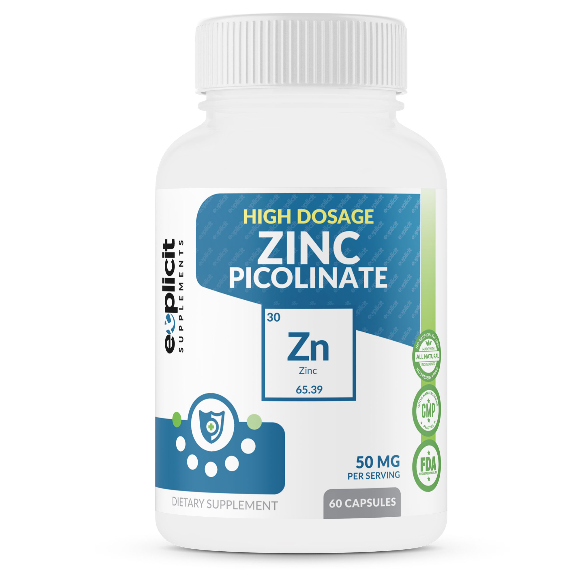 All Natural Zinc Supplement 50mg High Dose Zinc Picolinate (50mg) for