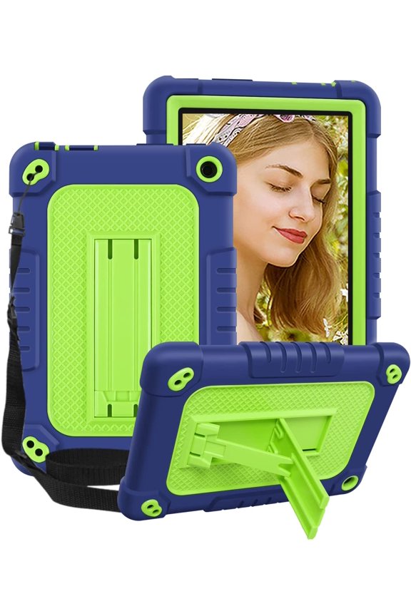 All-New Kindle Fire 7 Tablet Case (12th Gen, 2022 Release) SOATUTO Lightweight Armor Cover Full Body Rugged Hands Free Viewing Stand Fire 7 2022 Tablet Case for Amazon Fire 7 Kids Tablet - Navy+Green