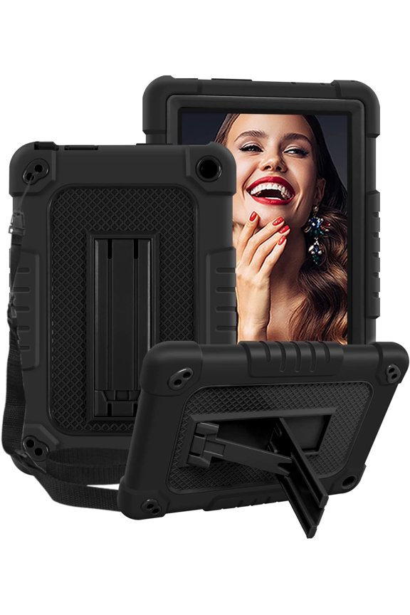 All-New 2022 Fire 7 Tablet Case SOATUTO For Amazon Fire 7 Case 2022 Release 12th Generation Latest Model 7" Heavy Duty Shockproof Case with Shoulder Strap for Amazon Kindle Fire 7 Tablet - Black+Black