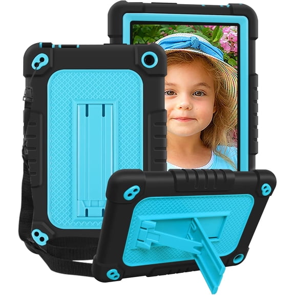 All-New 2022 Fire 7 Tablet Case SOATUTO For Amazon Fire 7 Case 2022 Release 12th Generation Latest Model 7" Heavy Duty Shockproof Case with Shoulder Strap for Amazon Kindle Fire 7 Tablet - Black+Blue