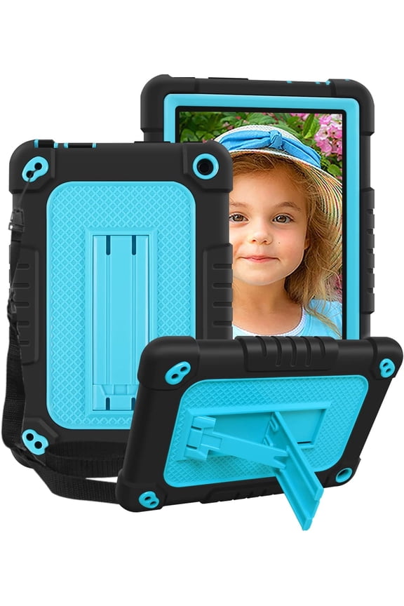 All-New 2022 Fire 7 Tablet Case SOATUTO For Amazon Fire 7 Case 2022 Release 12th Generation Latest Model 7" Heavy Duty Shockproof Case with Shoulder Strap for Amazon Kindle Fire 7 Tablet - Black+Blue