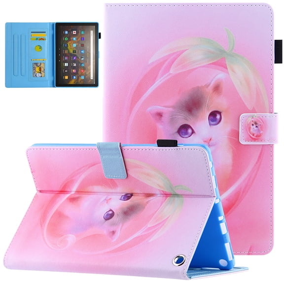 All-New Fire HD 10&HD 10 Plus Case (11th Generation, 2021 Release), Folio Stand Premium Leather Magnetic Wallet Cover with Smart Auto Wake/Sleep & Pencil Holder, Pink Cat
