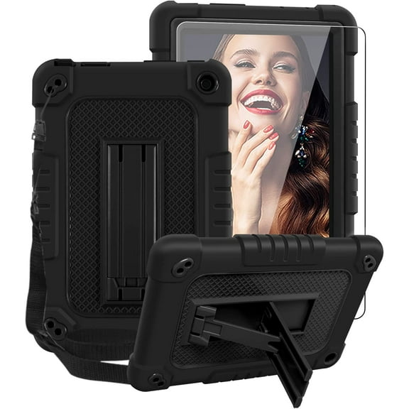 All-New Kindle Fire 7 Tablet Case 12th Gen 2022 Release SOAUTO Hybrid Protective Case with Kickstand Strap / Come With Tempered Glass Screen Protector For Amazon Fire 7 Kids Tablet - Black+Black,1 Pcs