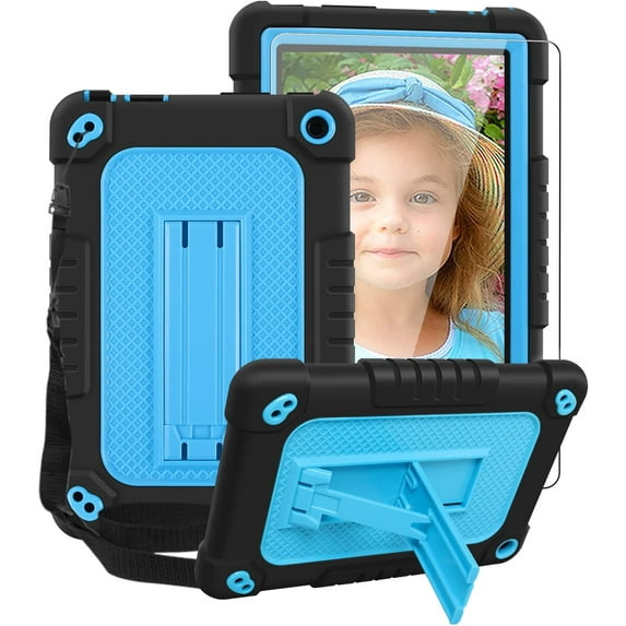 All-New Kindle Fire 7 Tablet Case 12th Gen 2022 Release SOAUTO Hybrid Protective Case with Kickstand Strap / Come With Tempered Glass Screen Protector For Amazon Fire 7 Kids Tablet - Black+Blue,1 Pcs