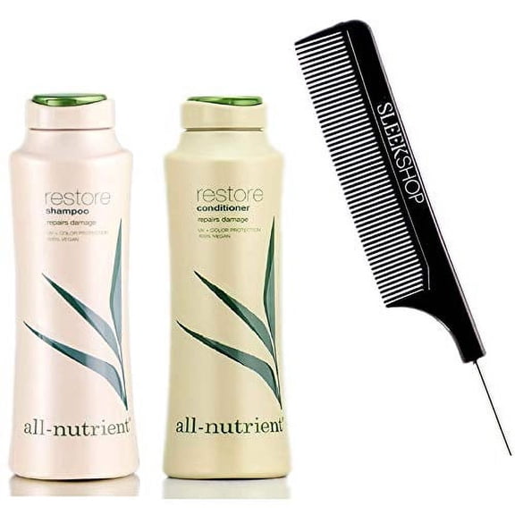 All-Nutrient RESTORE Shampoo & Conditioner DUO SET, Repairs Dry-Damaged Hair (w/Sleek Comb) UV+ Color Protection, 100% Vegan (3.4 oz + 3.4 oz TRAVEL DUO KIT)