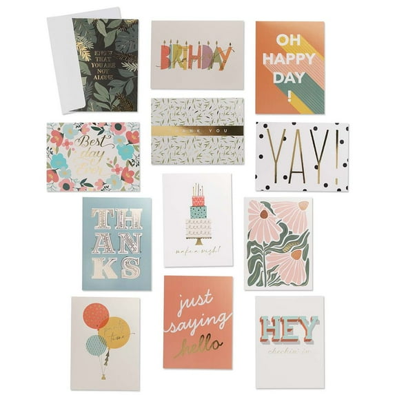 All Occasion Card Assortment / 24 Cards With White Envelopes / Real Gold Foil Accents / 4 5/8" x 6 1/4" Folded Greeting Cards / 12 Modern Designs