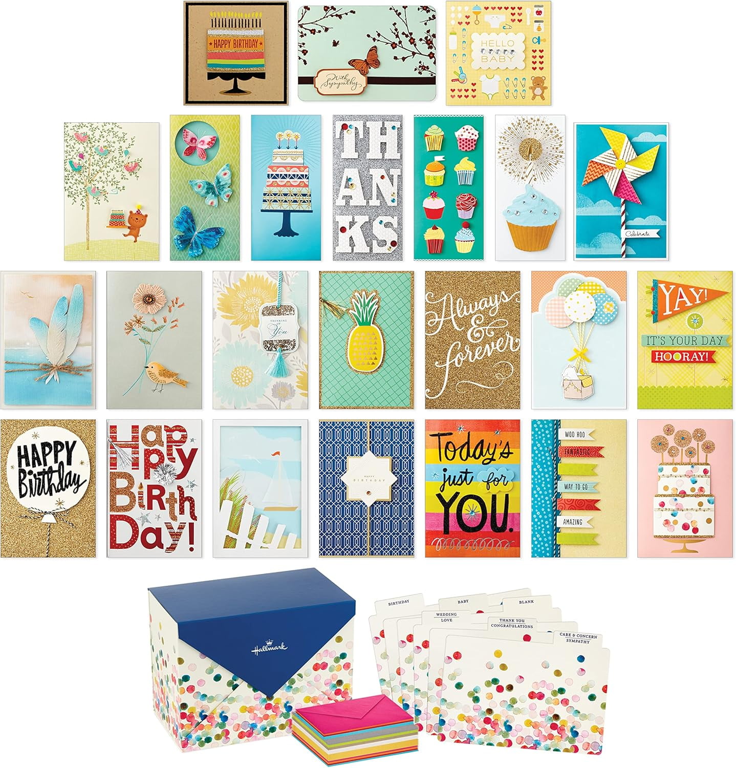 All Occasion Handmade Boxed Set of Assorted Greeting Cards with Card Organizer (Pack 24)—Birthday, Baby, Wedding, Sympathy, Thinking You, Thank Blank