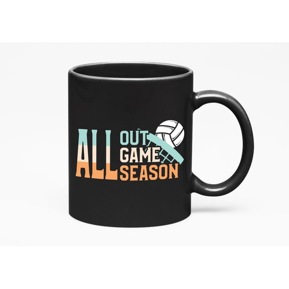 All Out Game Season. Exciting Volleyball Sports, Black 11oz Ceramic Mug