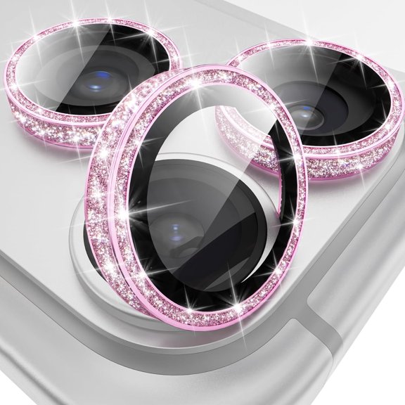 All-Over Glitter Camera Lens Protector for iPhone 17 Pro Max/17 Pro/16 Pro Max/16 Pro/15 Pro Max/15 Pro/14 Pro/Max, 9H Tempered Glass Camera Cover, Anti-Scratch Case Friendly (Pink)
