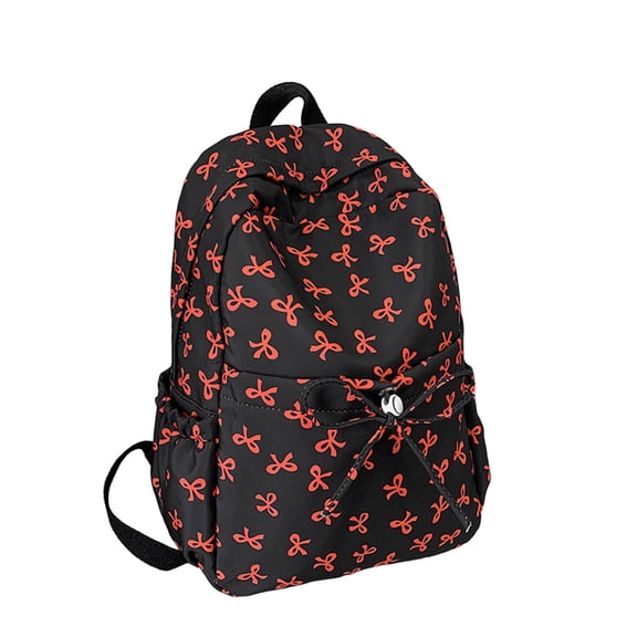 All Over Mini Bow Print Backpack Front Bow Decor Multi Pocket Lightweight Waterproof Casual Teen Back To School Daypack