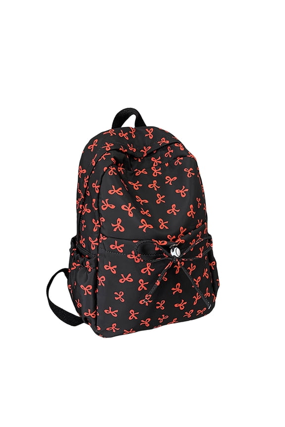 All Over Mini Bow Print Backpack Front Bow Decor Multi Pocket Lightweight Waterproof Casual Teen Back To School Daypack