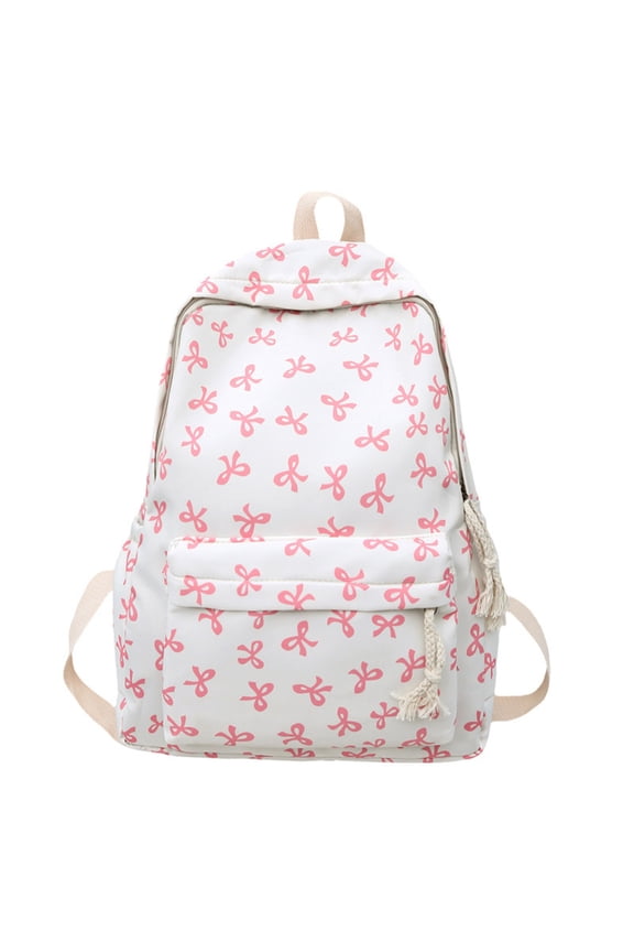 All Over Mini Bow Print Backpack Front Bow Decor Multi Pocket Lightweight Waterproof Casual Teen Back To School Daypack
