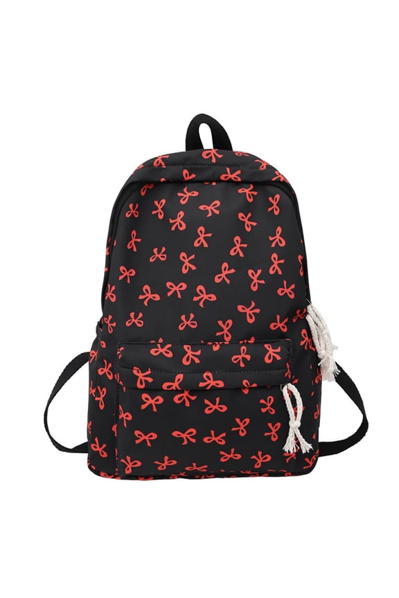 All Over Mini Bow Print Backpack Front Bow Decor Multi Pocket Lightweight Waterproof Casual Teen Back To School Daypack