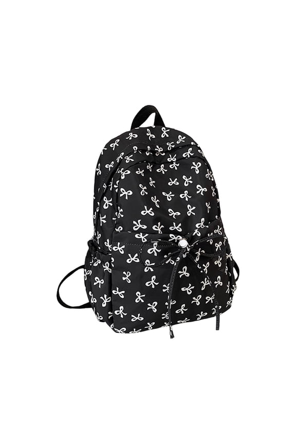 All Over Mini Bow Print Backpack Front Bow Decor Multi Pocket Lightweight Waterproof Casual Teen Back To School Daypack