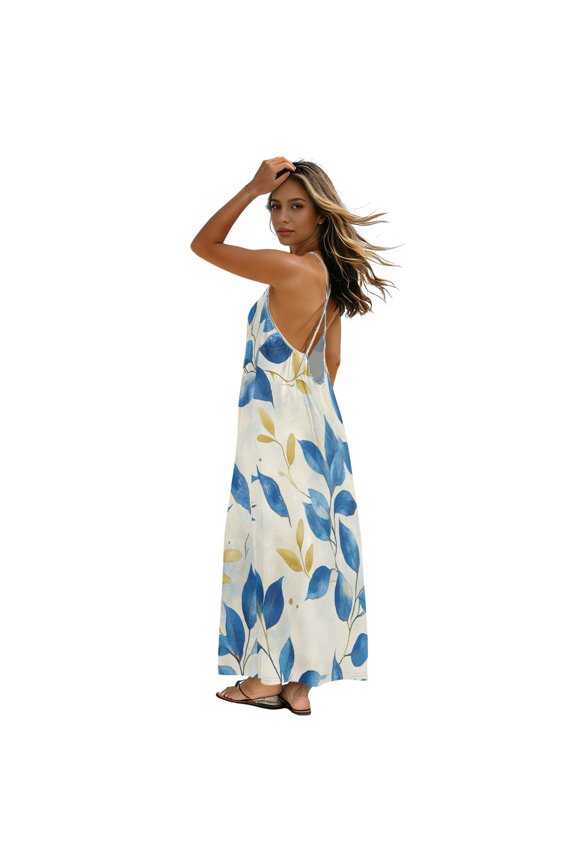 All-Over Print Backless Cross Strap Slip Dress, Loose A-Line Slim Fit Casual Vacation Versatile Dress Beautiful Pretty Blue Leaves XXL