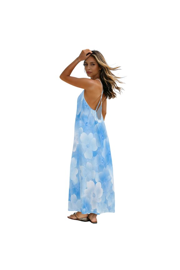 All-Over Print Backless Cross Strap Slip Dress, Loose A-Line Slim Fit Casual Vacation Versatile Dress Blue Pretty Lovely Flowers Seamless 3XL