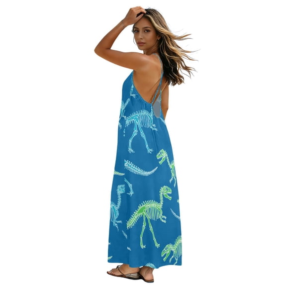All-Over Print Backless Cross Strap Slip Dress, Loose A-Line Slim Fit ...
