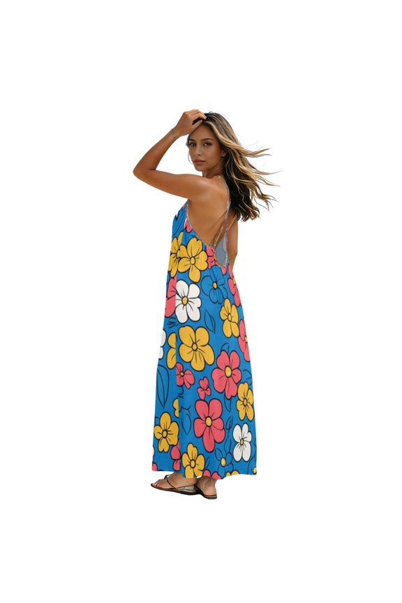 All-Over Print Backless Cross Strap Slip Dress, Loose A-Line Slim Fit Casual Vacation Versatile Dress Pretty Flower Seamless XL