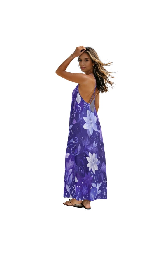 All-Over Print Backless Cross Strap Slip Dress, Loose A-Line Slim Fit Casual Vacation Versatile Dress Seamless Flower Image M