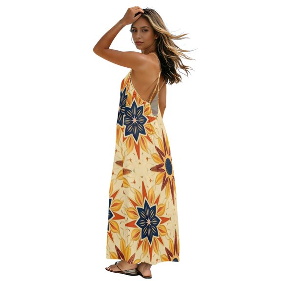 All-Over Print Backless Cross Strap Slip Dress, Loose A-Line Slim Fit Casual Vacation Versatile Dress Sunstar L