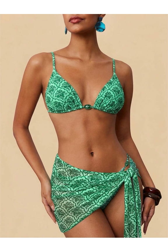 All-Over Print Beaded Bikini Set With Matching Wrap Skirt - Beach Swimsuit for Women