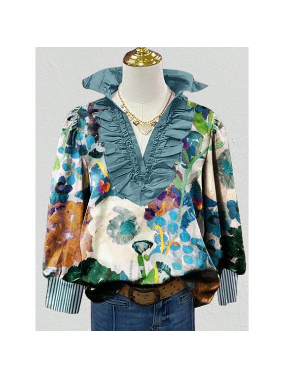 All Over Print Floral None Floral Print Slit Neck Bubble Sleeve Top Spring/Summer