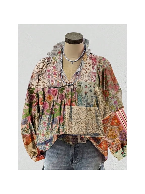 All Over Print Floral None Floral Print Slit Neck Bubble Sleeve Top Spring/Summer