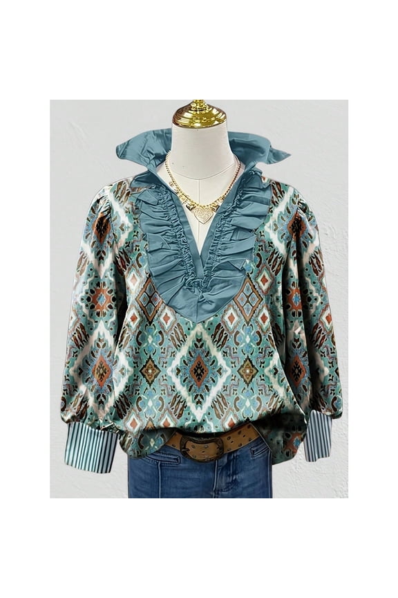 All Over Print Floral None Floral Print Slit Neck Bubble Sleeve Top Spring/Summer