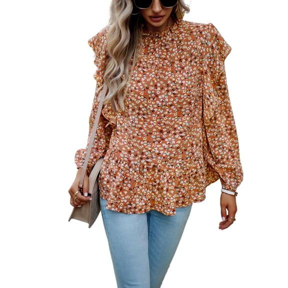 All-Over Ruffle Detail Floral Print Long Sleeve Blouse for Women Orange Small
