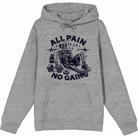 All Pain, No Gain Exhuasted Skeleton Adult Heather Gray Long Sleeve Hoodie-Small