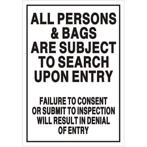 All Persons & Bags Subject to Search Sign (Double Sided Tape,Aluminium, White 7x10)