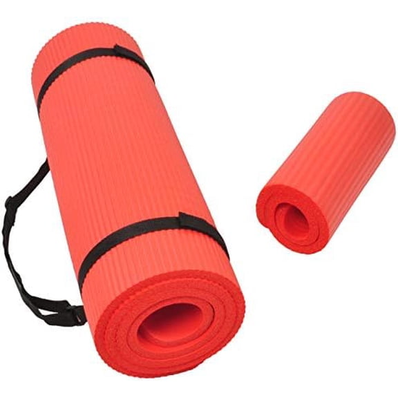 All Purpose 1/2-Inch Extra Thick High Density Anti-Tear Exercise Yoga Mat and Knee Pad with Carrying Strap, Multiple Colors Red