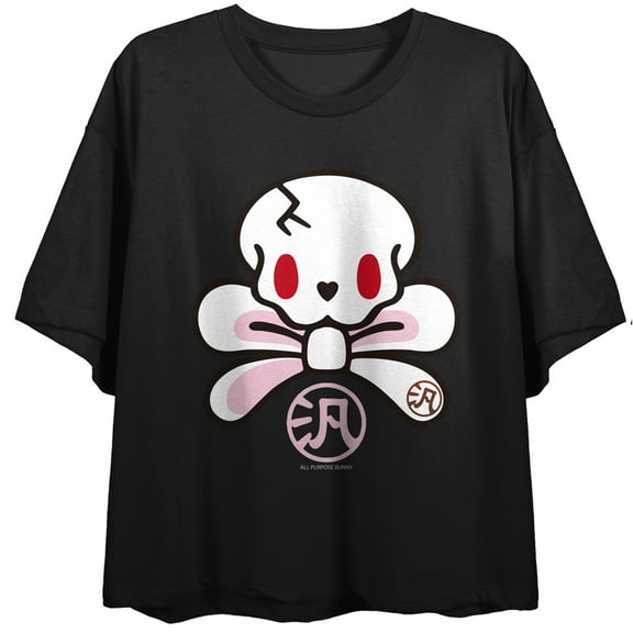 All Purpose Bunny Scary Face Crew Neck Short Sleeve Women's Black Crop Top-XS