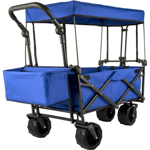 All-Purpose Collapsible Wagon Cart Extra Large Capacity, Removable Canopy, Storage Pockets, Ideal for Camping, Shopping, Beach (Blue)