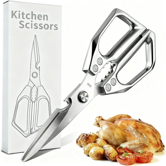 All-Purpose Kitchen Scissors – Heavy Duty Stainless Steel Shears for Meat, Chicken, Turkey, Bones, Herbs – Sharp, Dishwasher Safe, Detachable Cooking Scissors (Silver)