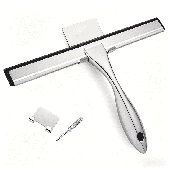 All-Purpose Stainless Steel Shower Squeegee for Shower Glass Door with 2 Adhesive Hooks, Bathroom Cleaner Tool Household Window Mirror Squeegee , Cleaning Tile Wall, Car, Silver