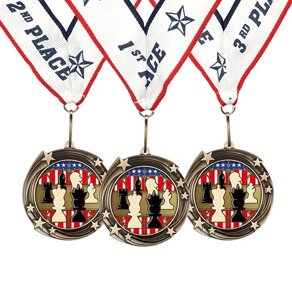 All Quality Chess Swirling Stars Tournament Competition Design Medals - 1st, 2nd, 3rd Place - 1 Pack (3 Medals)